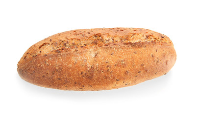 Tasty loaf of bread on white background