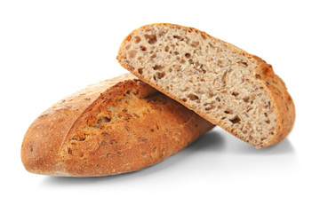 Tasty loaf of bread on white background