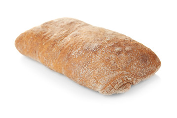 Tasty loaf of bread on white background