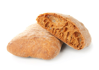 Tasty loaf of bread on white background