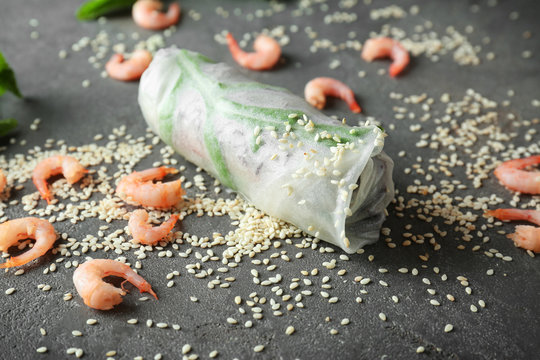 Delicious spring roll on table