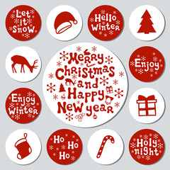 Christmas New Year gift round stickers. Labels xmas set. Hand drawn decorative element. Collection of holiday christmas stickers in red white. Texture. Vector illustration. Lettering, calligraphy. - 167650033