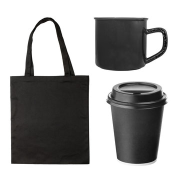 Blank Black Tote Bag With Coffee Cup, Coffee Mug On White