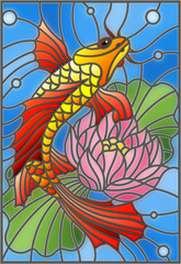 Obrazy na Plexi  Ilustracja w stylu witrażu ze złotą rybką i kwiatem lotosu na tle wody i fiolek z powietrzem