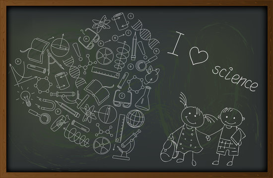 Illustration on  theme of school and science, the contour of icons on  topic of the exact Sciences in the shape of a heart on the blackboard , boy, girl pupils, and the words I love science
