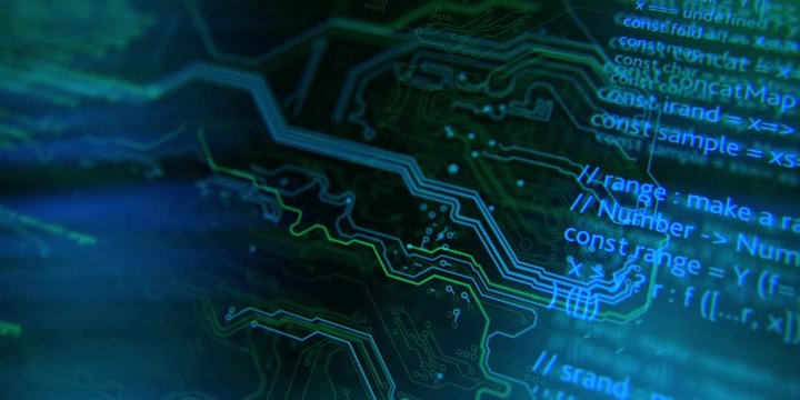 Terminal video. Technology background. Circuit board futuristic server code processing. PCB, Code, HTML. Blue, green background with digital integrated network technology. Printed circuit board. 