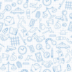Seamless pattern with hand drawn icons on the theme of law and crimes, blue  contour  icons on the clean writing-book sheet in a cage