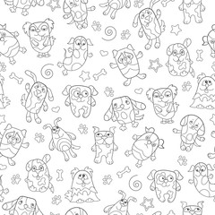 Seamless pattern with contour images cartoon dogs , dark outline on a white background