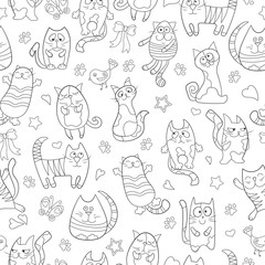 Seamless pattern with contour images cartoon cats , black contour on white background
