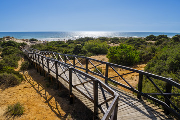 Fototapeta premium Wooden walkway giving access to the beach of La Barrosa in Sancti Petri, Cadiz, Spain.