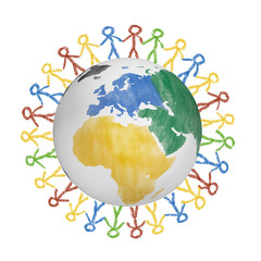 3D Globe with the view on Europe with drawn people holding hands. Concept for friendship, globalization, communication and diversity.