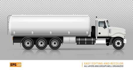 Tanker truck vector template for car branding and advertising. White fuel semi-truck on transparent background. All layers and groups well organized for easy editing and recolor. View right side.