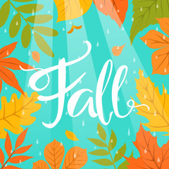 autumn fall colorful border frame background with park leaves rain drops and sun beams