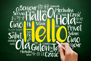 Hello word cloud in different languages of the world, education business concept on blackboard © dizain