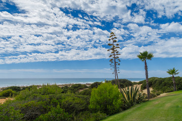 Sand dunes between hotels and beach of La Barrosa in Sancti Petri, Cadiz, Spain