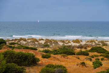 Sand dunes between hotels and beach of La Barrosa in Sancti Petri, Cadiz, Spain