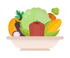 Vector Illustration of Isolated Plate of Vegetables on White Bac