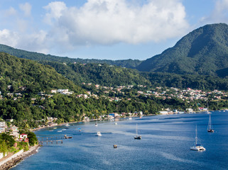 Fototapeta na wymiar Blue Water and Green Hills of Dominica