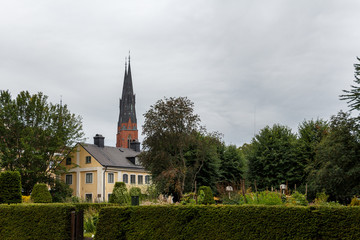 Fototapeta na wymiar Uppsala's main landmark - The Cathedral (Uppsala domkyrka) and Carl Linnaeus Garden
