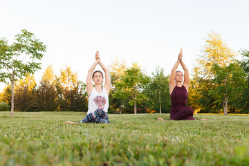 Yoga instructor doing exercise with young woman and helps beginner to make Stretching exercises. Teacher assists to make yoga pose. Healthy lifestyle at nature on green grass