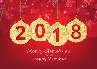 Fototapeta na wymiar Merry Christmas and happy new year hanging 2018 number glitter balls on shiny red background.
