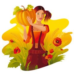 Obraz na płótnie Canvas Autumn thanksgiving landscape background. Young woman with harvest - pumpkin, vegetable. Fall field countryside, poppy flowers. Harvesting festival banner. Seasonal greeting vector illustration