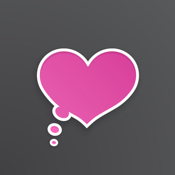 Vector illustration. Pink comic speech bubble for thoughts at heart shape with white contour. Empty shape in flat style for chat dialogs. Isolated on black background