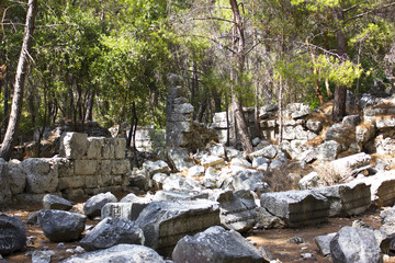 Ancient old ruins of the Lycian in Phaselis Aged stones at the pines forest
