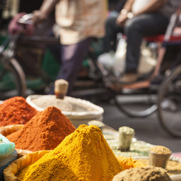 Traditional spices and dry fruits in local bazaar in India.