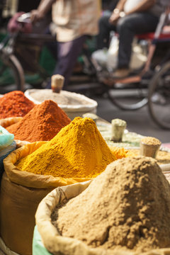 Traditional spices and dry fruits in local bazaar in India.