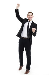 Very horny European man businessman with hands raised up .