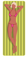 Young blonde woman in small pink bikini sun tanning on green beach towel. EPS10 vector illustration