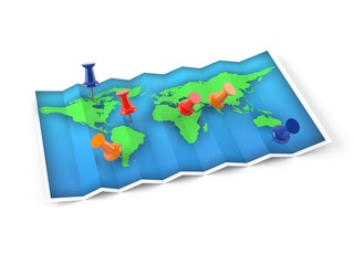 Earth map with thumbtacks