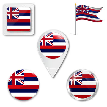 Set of icons of the national flag of Hawaiian islands in different designs on a white background. Realistic vector illustration. Button, pointer and checkbox.