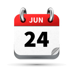 Bright realistic icon of calendar with 24 june date isolated on white