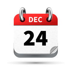 Bright realistic icon of calendar with 24 december date isolated on white