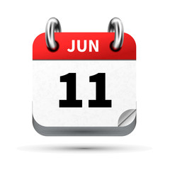 Bright realistic icon of calendar with 11 june date isolated on white
