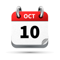 Bright realistic icon of calendar with 10 october date isolated on white