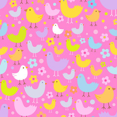 Seamless pattern with cute funny cartoon birds.