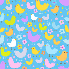 Seamless pattern with cute funny cartoon birds.