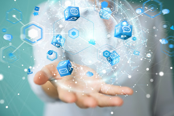 Businesswoman using flying earth network interface 3D rendering