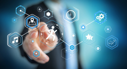 Young man using running application to check his performances 3D rendering