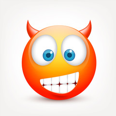 Smiley with blue eyes,emoticon. Yellow face with emotions. Facial expression. 3d realistic emoji. Sad,happy,angry faces.Funny cartoon character.Mood.Vector illustration.