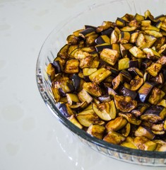 Chopped and fried eggplant pieces for eggplant meal

