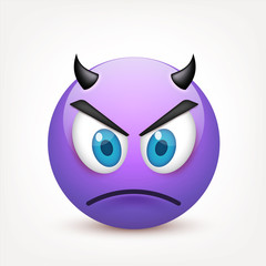 Smiley with blue eyes,emoticon. Violetface with emotions. Facial expression. 3d realistic emoji. Sad,happy,angry faces.Funny cartoon character.Mood.Vector illustration.