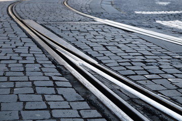 Detail of Tramway railraod on Cobblestone street