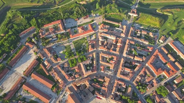 Aerial view of nine-sided town wall or star fort of Palmanova, Italy