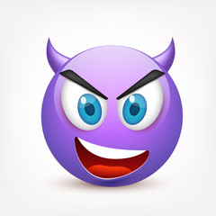 Smiley with blue eyes,emoticon. Violetface with emotions. Facial expression. 3d realistic emoji. Sad,happy,angry faces.Funny cartoon character.Mood.Vector illustration.