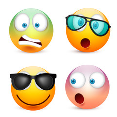 Smiley with blue eyes,emoticon set. Yellow face with emotions. Facial expression. 3d realistic emoji. Sad,happy,angry faces.Funny cartoon character.Mood.Vector illustration.