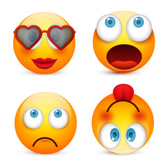 Smiley with blue eyes,emoticon set. Yellow face with emotions. Facial expression. 3d realistic emoji. Sad,happy,angry faces.Funny cartoon character.Mood.Vector illustration.